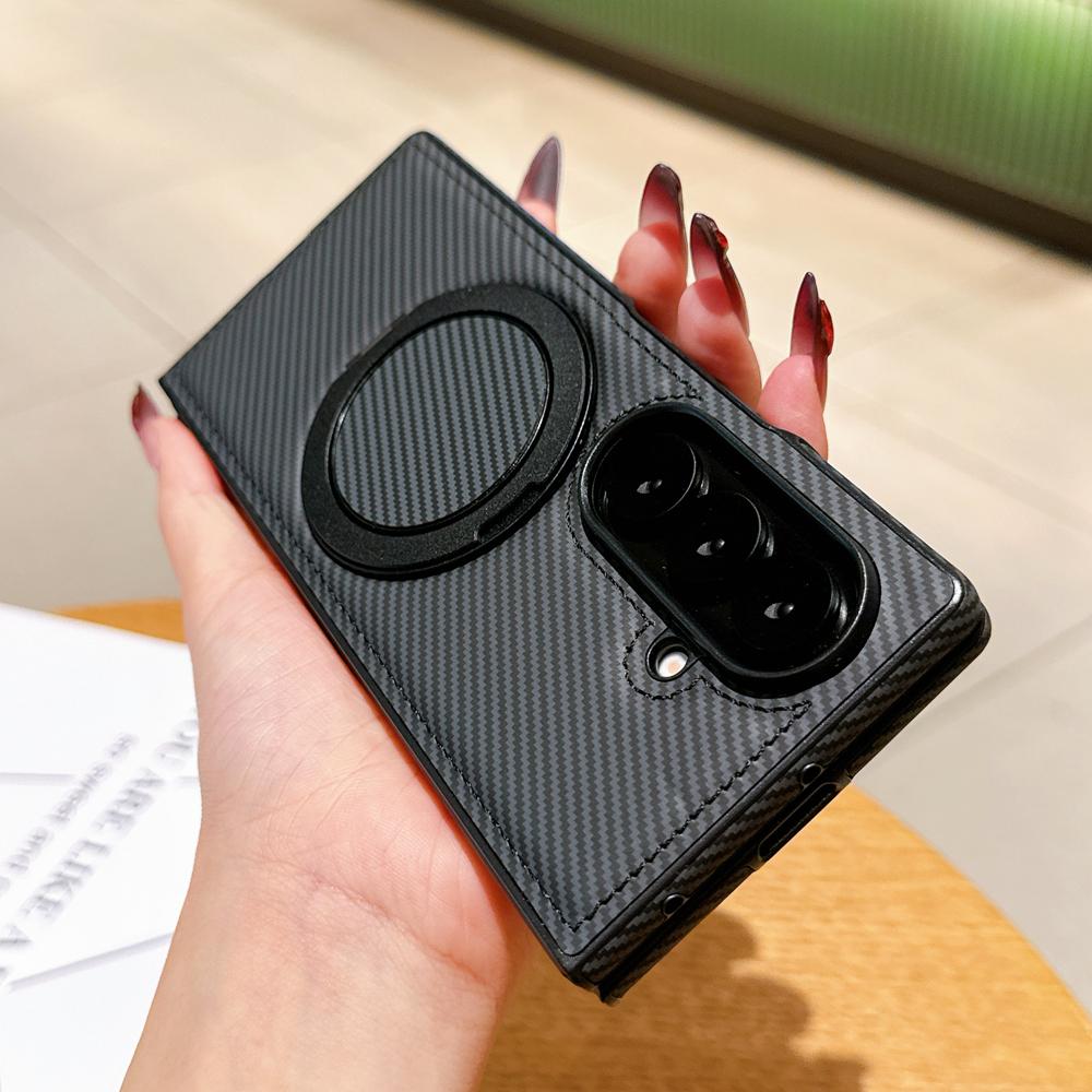 KEYSION Kevlar Carbon Fiber Texture Case for MagSafe for Samsung Galaxy Z Fold 7 6 5 4 3 360° Rotating Magnetic Ring Stand Phone Cover