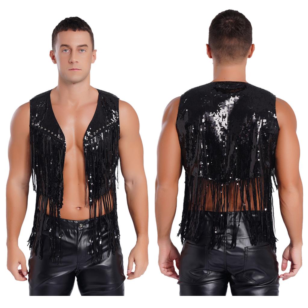 Men Sparkly Sequin Cowboy Vest Open Front Tassel Rivets Shiny Western Waistcoat for 70s Disco Club Parties