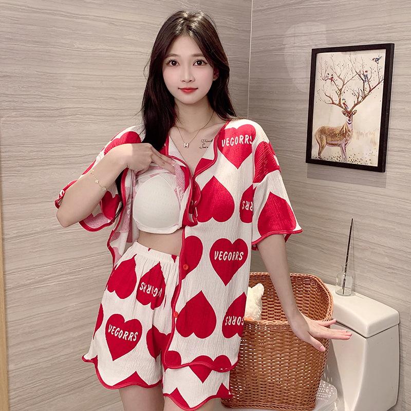 Women's Thin Korean-Style Sweet Pajama Set with Bra Pads - Summer Short Sleeve & Shorts Cardigan, Anti-Pilling Home Wear