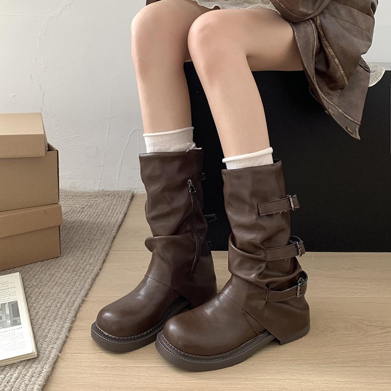 Nischen-Retro-Stiefel mit dickem Absatz und mittlerer Höhe, Western-Cowboy-Stapelstiefel, Ritterstiefel, Frühherbst-Martinsstiefel, Französische Damenstiefel