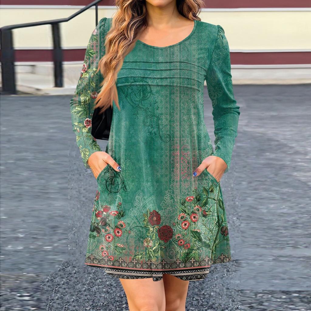 Women's Long Sleeve Dress Fall Casual T Shirt Loose Fit Pleated Front Dresses With Pockets