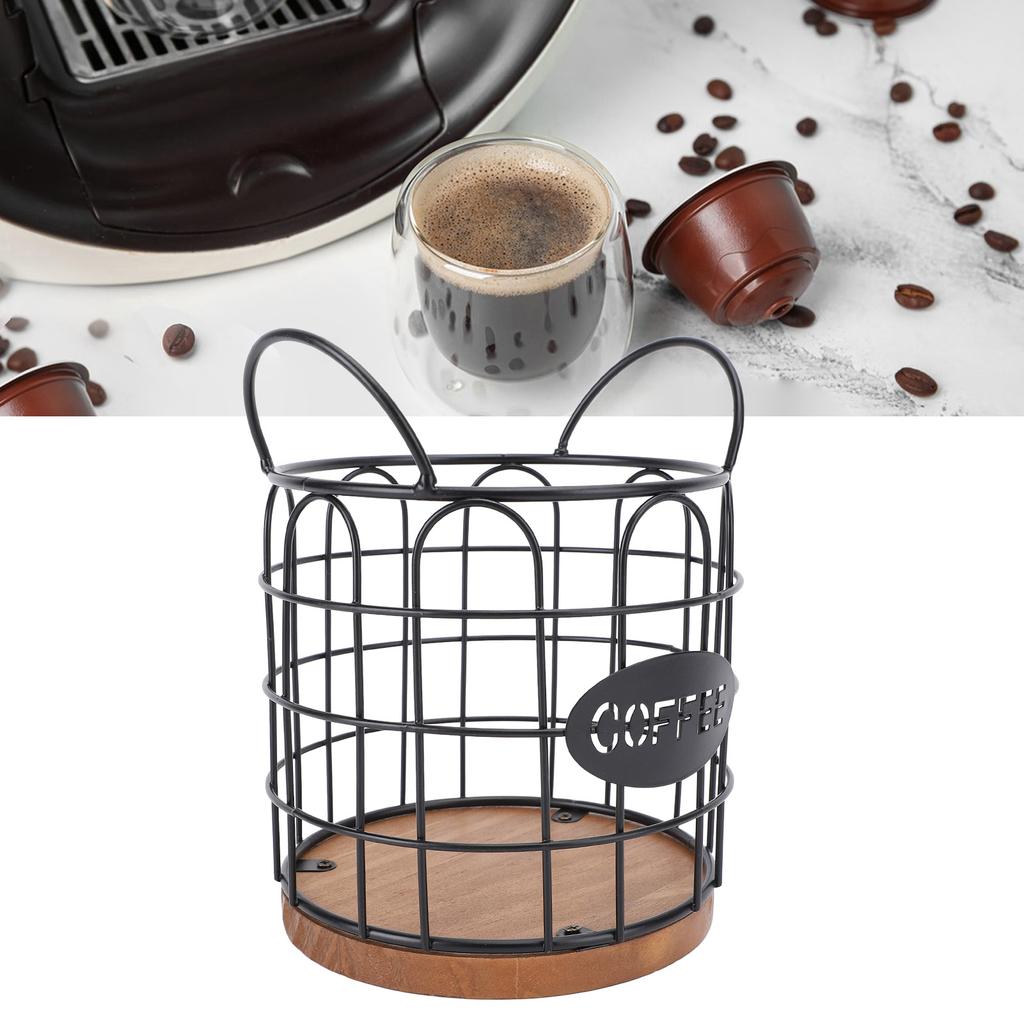 Coffee Pod Holder Iron Wire Weighte Wooden Base Coffee Capsule Storage Basket for Kitchen