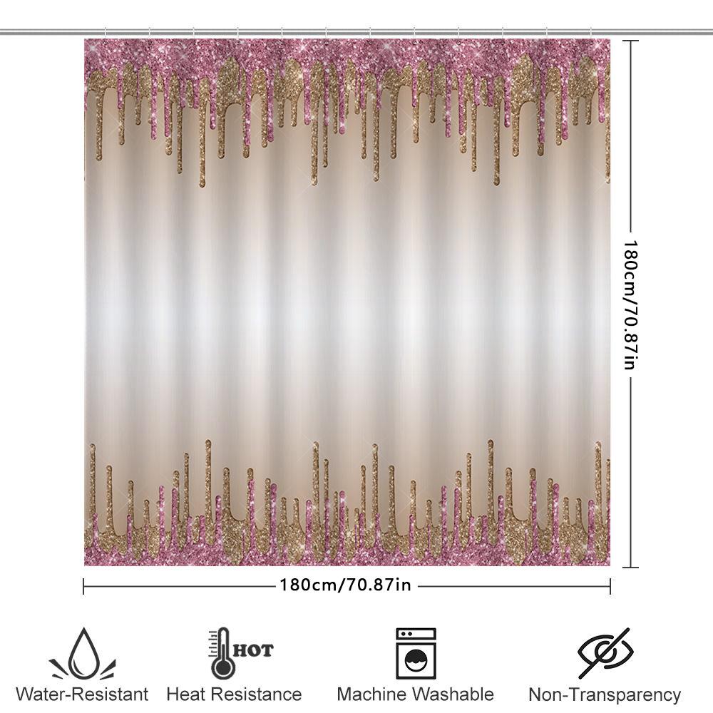 Luxury Bathroom Shower Curtain Set With Gold Sparkle And Pink Glitter: Dripping Waterfall Design For Home Decor Modern Bath Acce