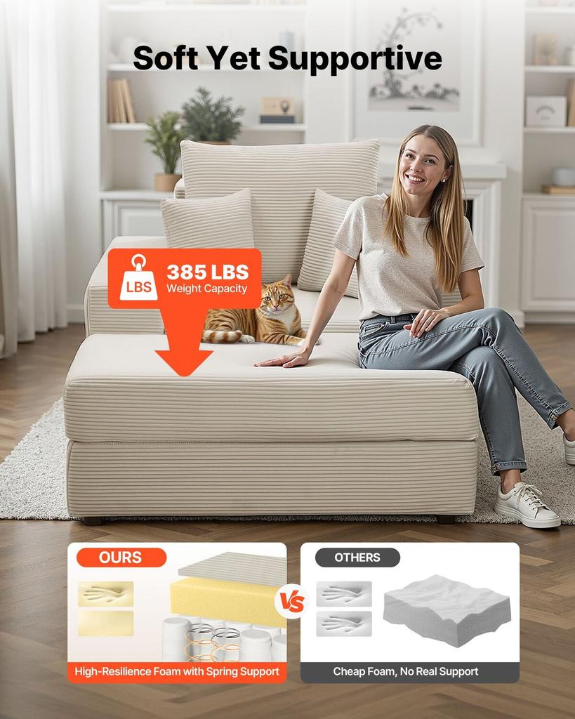 Chaise Lounge Chair, 1115 mm Boneless Modular Chaise Lounge Indoor, Oversized Corduroy Reading Chair with Throw Pillows & Armrests, Deep Seat Sofa