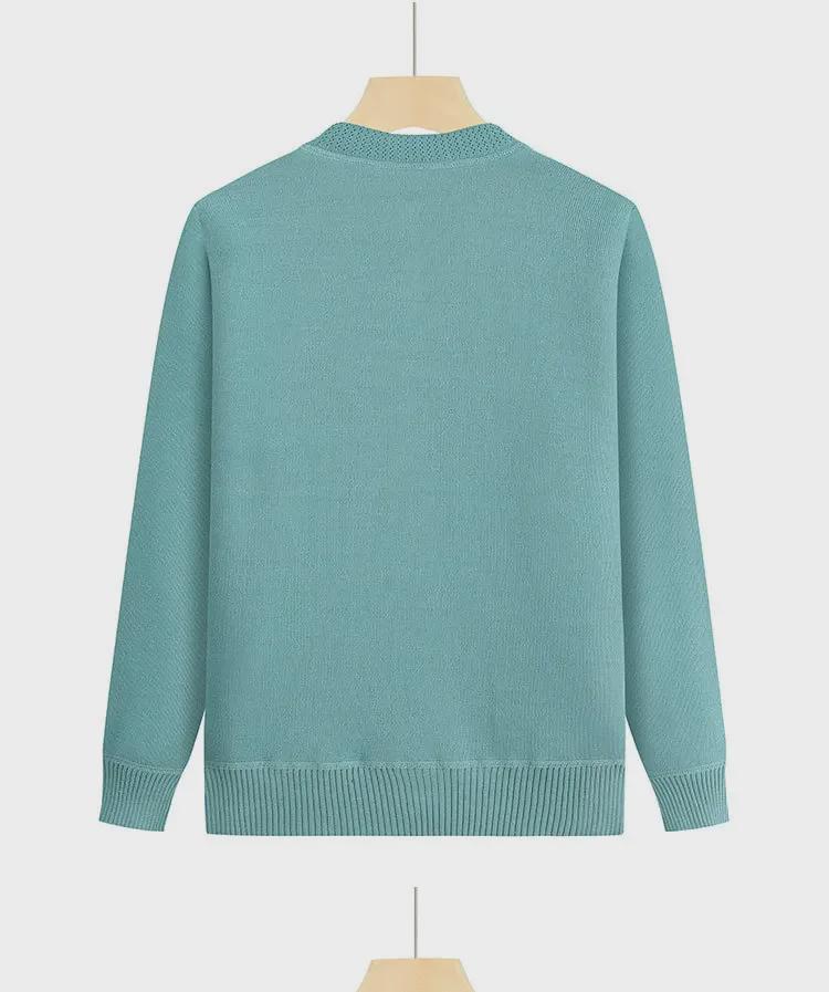 Middelaldrende og eldre kvinners strikkede cardigan med plussfløyel - Høst/vinter genser med rund hals