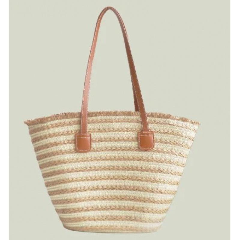 Fashion striped straw bag summer new large-capacity retro literary and artistic fan woven shoulder handbag