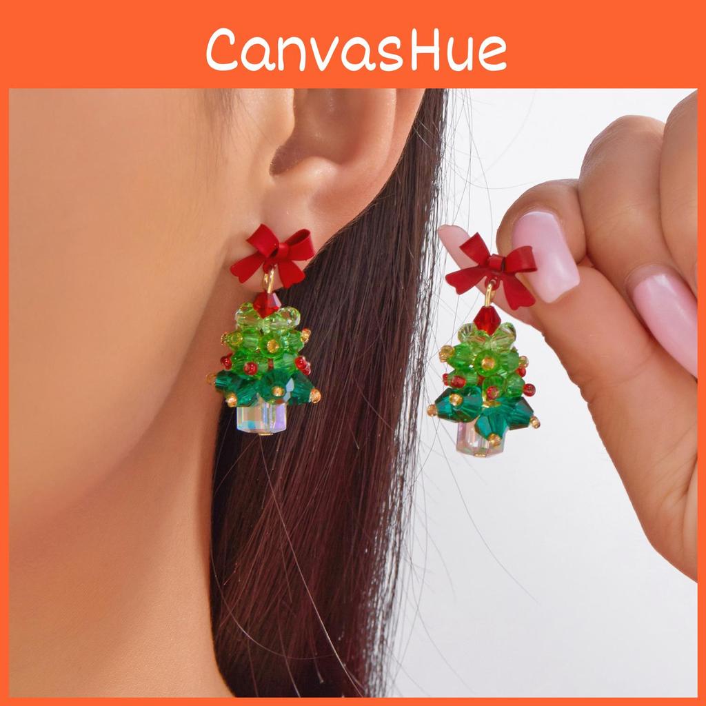 Festliche Feiertagsohrringe für Damen aus Legierung mit roter Schleife, Weihnachtsbaumschmuck mit Glitzer für saisonalen Schmuck