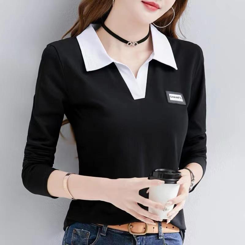 Spring Autumn Polo-neck Striped Printing Patchwork T-shirt Women Long Sleeve Vintage All-match Pullover Tee Top