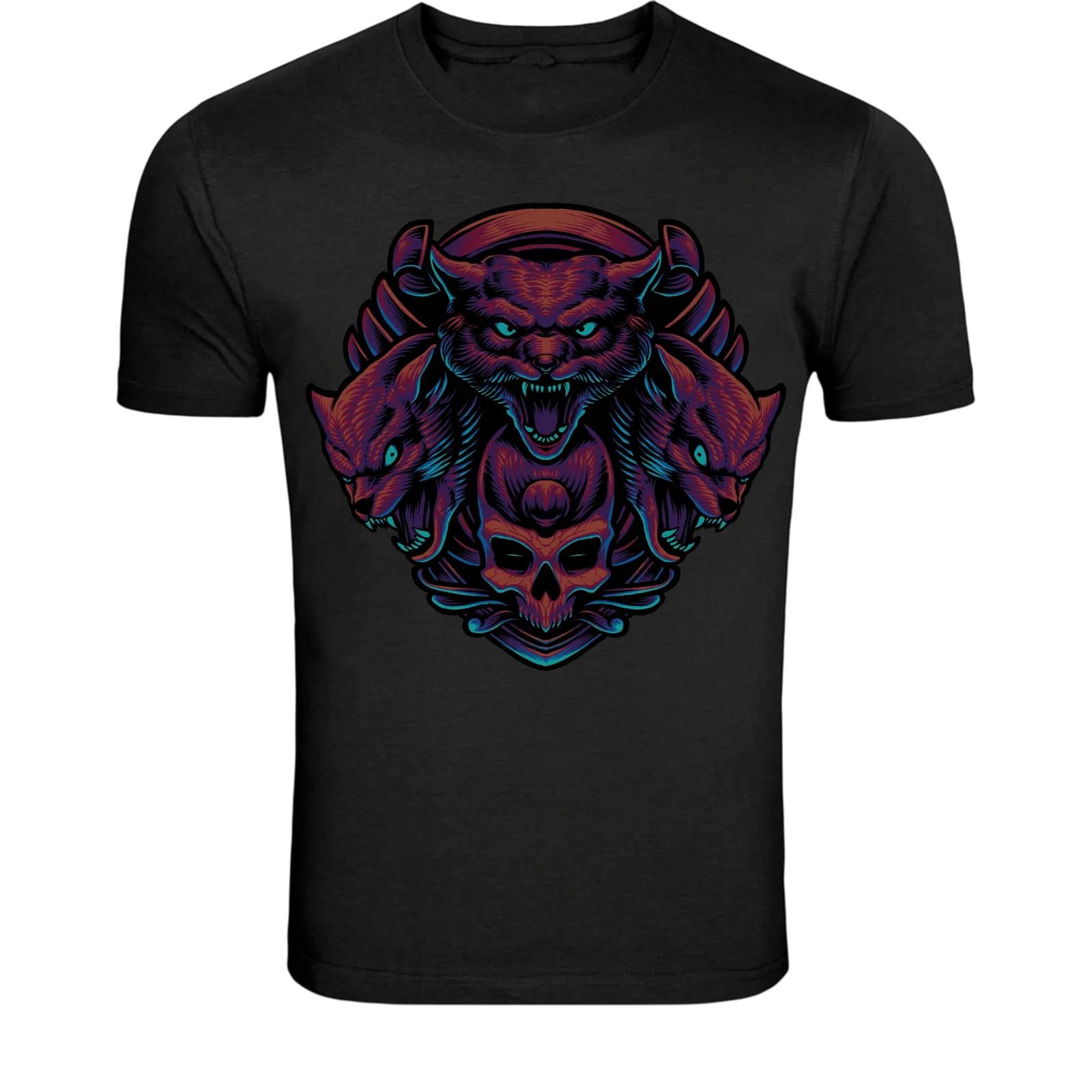 Three Head Wolf Skull T-Shirt - Dark Fantasy Beast Graphic Tee XXL