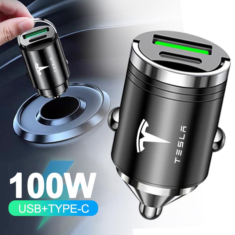 AAAIN1 100W Car USB+Type-C Charger Fast Charging Power Adapter For Tesla Model Y Juniper Model 3 Model S Model X SpaceX Auto Accessory