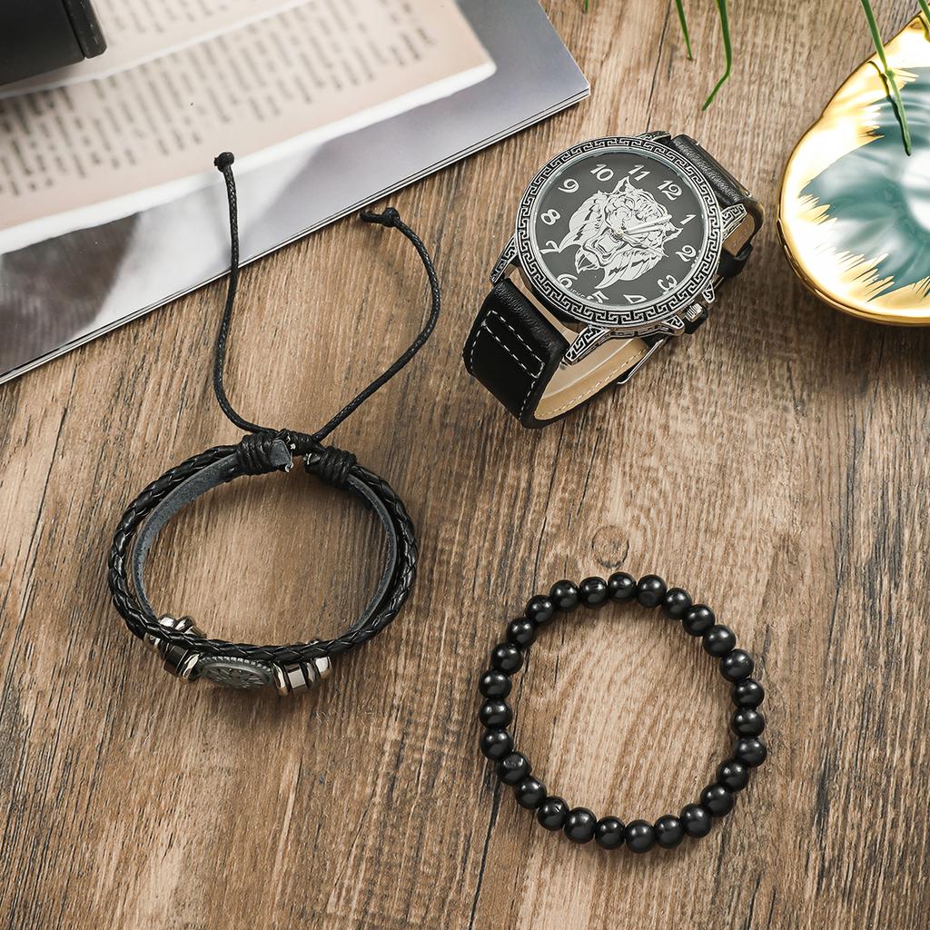 Men's leather wristband with tiger head beads and numbers; no gift box included.