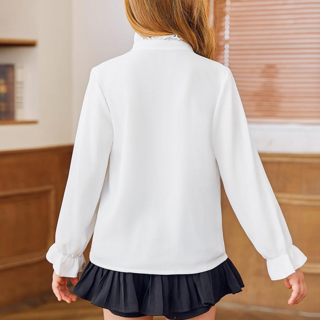 Girls' Ruffled Blouse - Solid Color Stand Collar Shirt