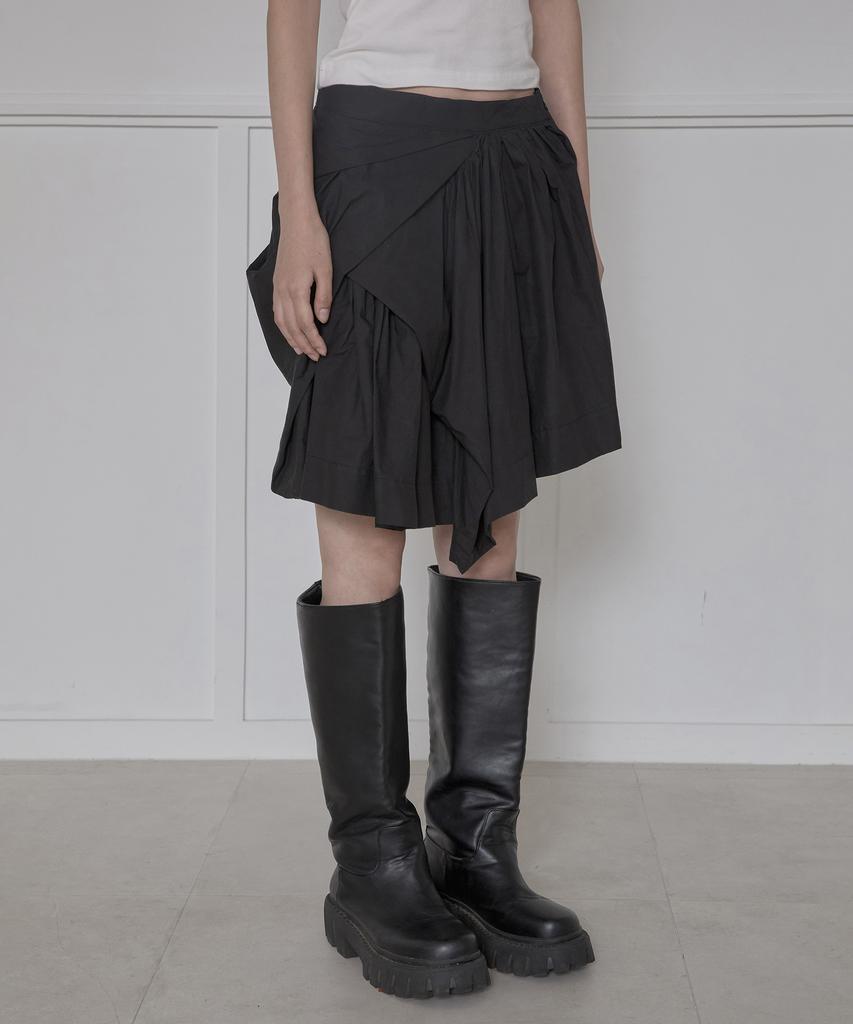 Peulleeoeob Asymmetrical Draped Layered Skirt (Fl-252_Black)