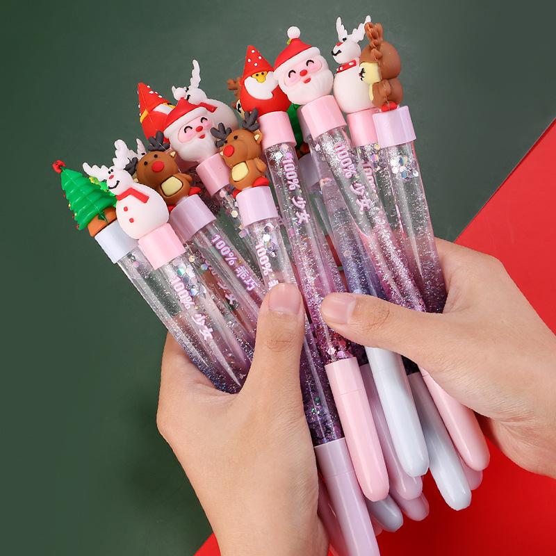 8/ 16 PCS Christmas Colorful Oil Flowing Sand Pen 0.5mm Black Multiple Styles Smooth Neutral Pen for Kid Good Quality Stationery Back To School
