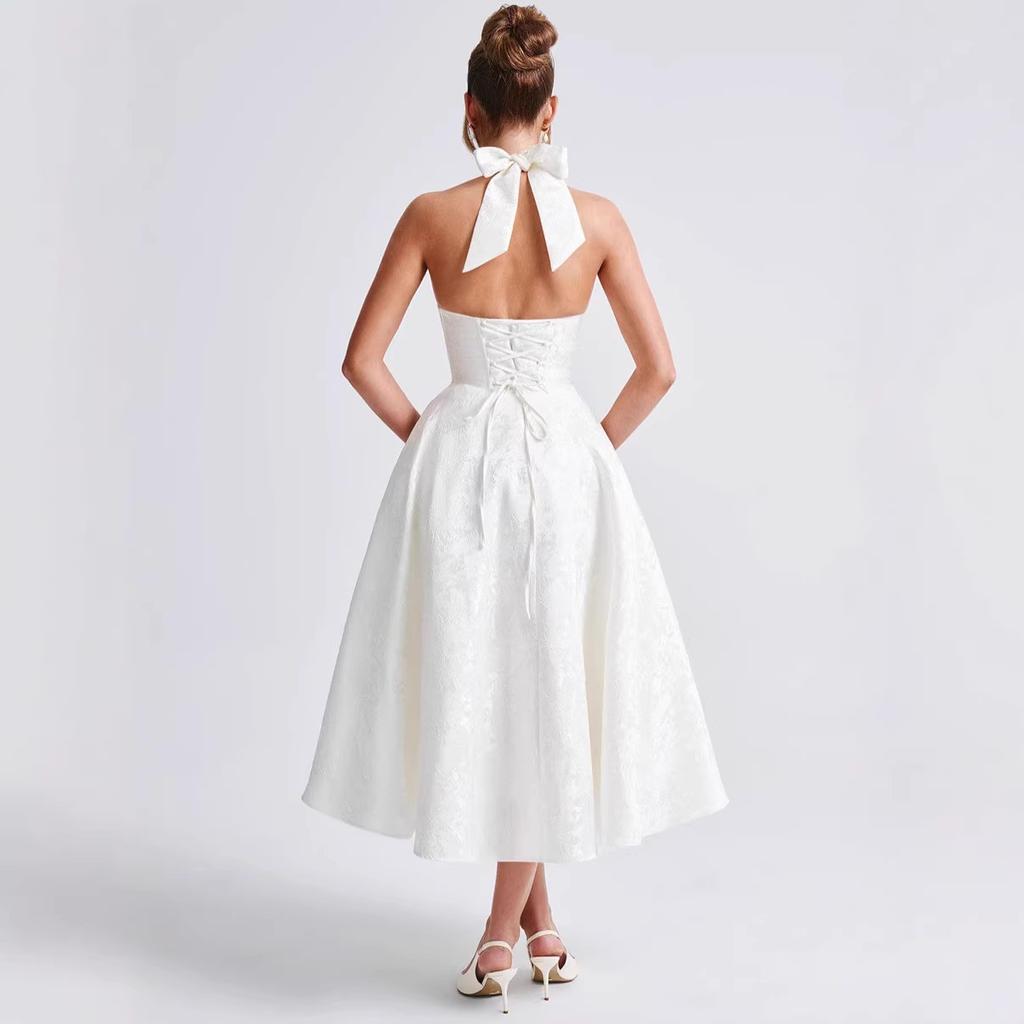 2026 Abito da Sera Jacquard Scollo a V con Laccetti sulla Nuca Schiena Scoperta Vestibilità Aderente Elegante