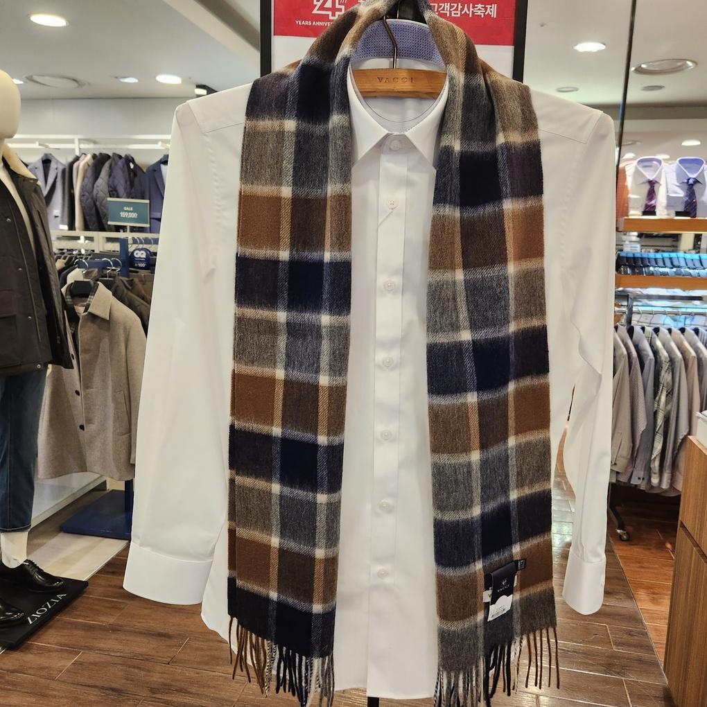 Men's Winter 100% Wool Long Muffler Beige Navy White Mixed Big Check Scarf VM1M 4BR118I0