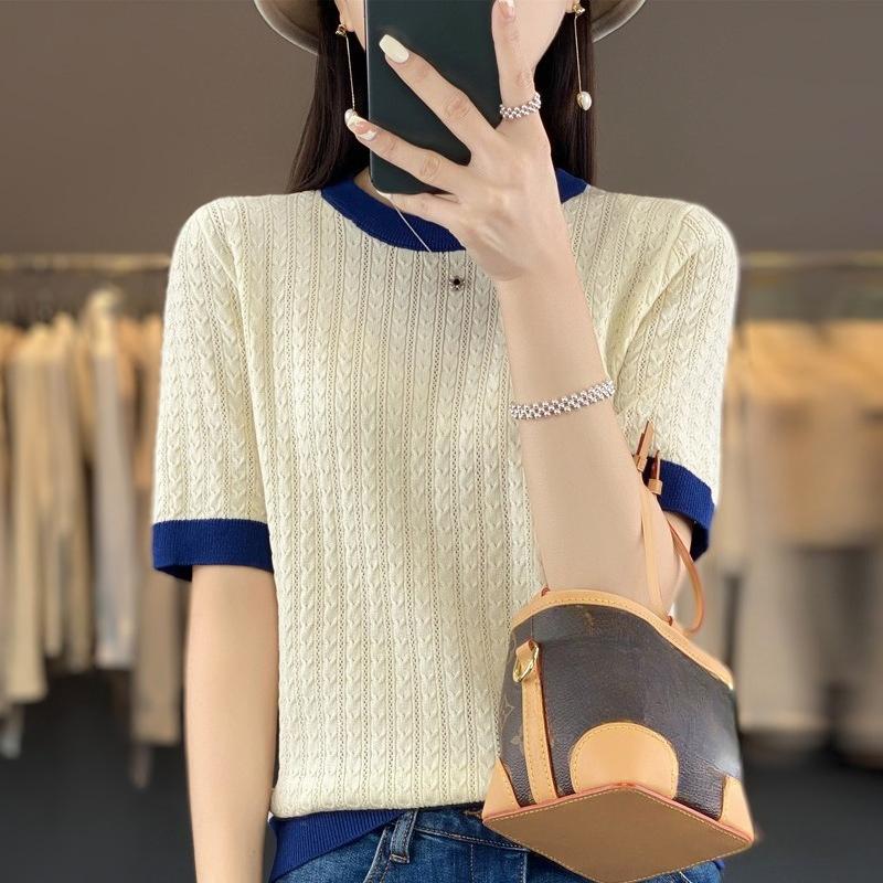 Summer Women's Ice Silk T-shirt Contrast Knit Short Sleeve Shirt Five-quarter Sleeve Hollow Out Lightweight Top Crew Neck Tee