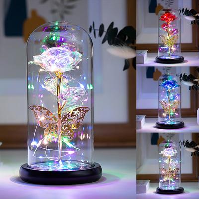 Rose Lumière Artificielle Lampe Rose Galaxie avec Papillon et Fleurs de Rose LED Colorées dans du Verre Alimentée par Piles Cadeaux pour Mariage