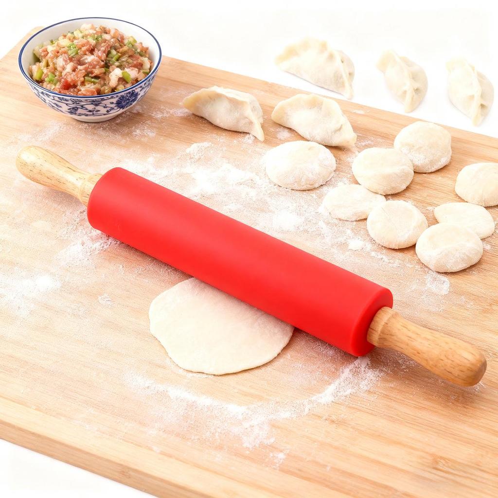Food Grade Silicone Rolling Pin with Solid Wood Handle - Non-Stick, Heat-Resistant Baking Tool