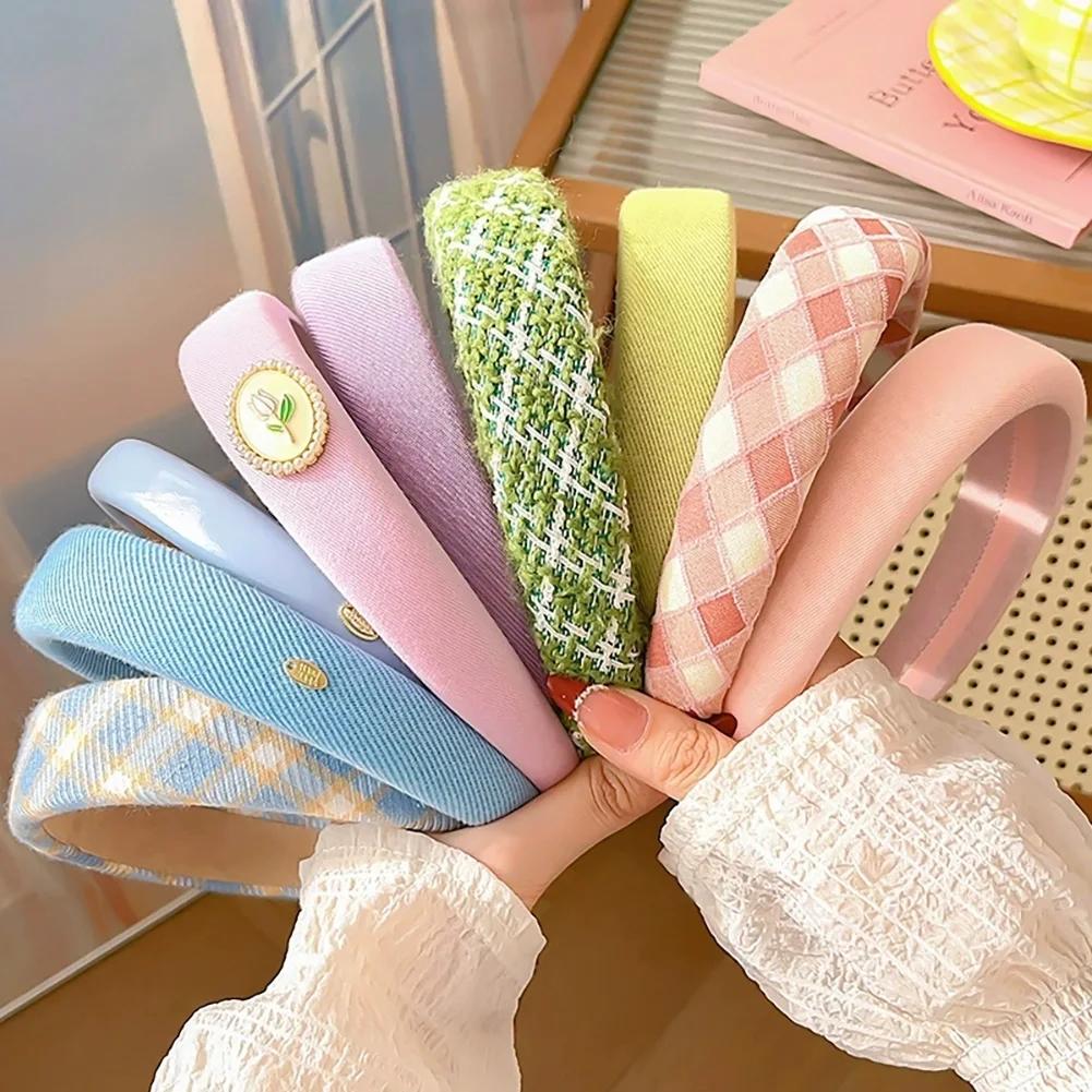 Spring Summer Women Solid Color Head Hoop Set Princess Girls Sweet Plaid Cloth Headbands for Children Daily Headpiece