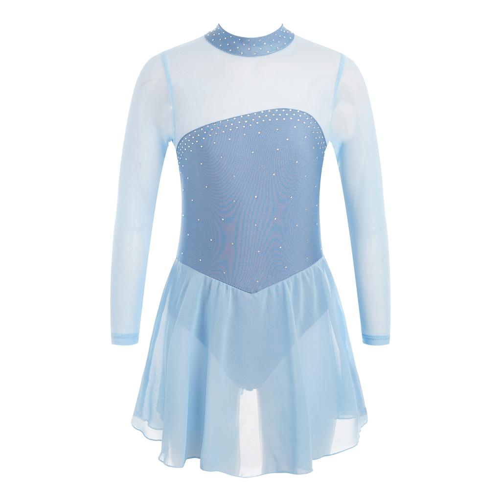Girls Sparkling Mesh Dance Dress Long Sleeve Keyhole Back Leotard for Ice Skating Ballet Costume