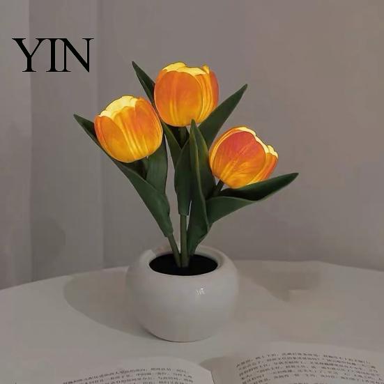 Decorative LED Tulip Lamp Flower Table Lamp, Battery Powered Artificial Night Light with Ceramic Pot, Floral for Bedroom Bedside Home Wedding