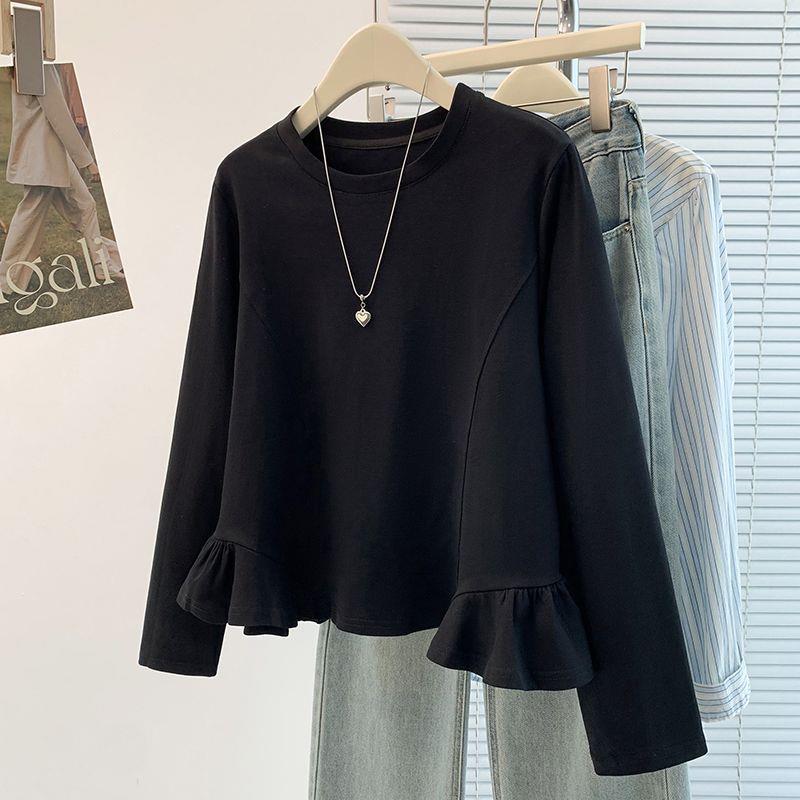 Top Subțire cu Mânecă Lungă, Volane și Gât Rotund, Mărimi Mari, Colecția Toamnă 2025