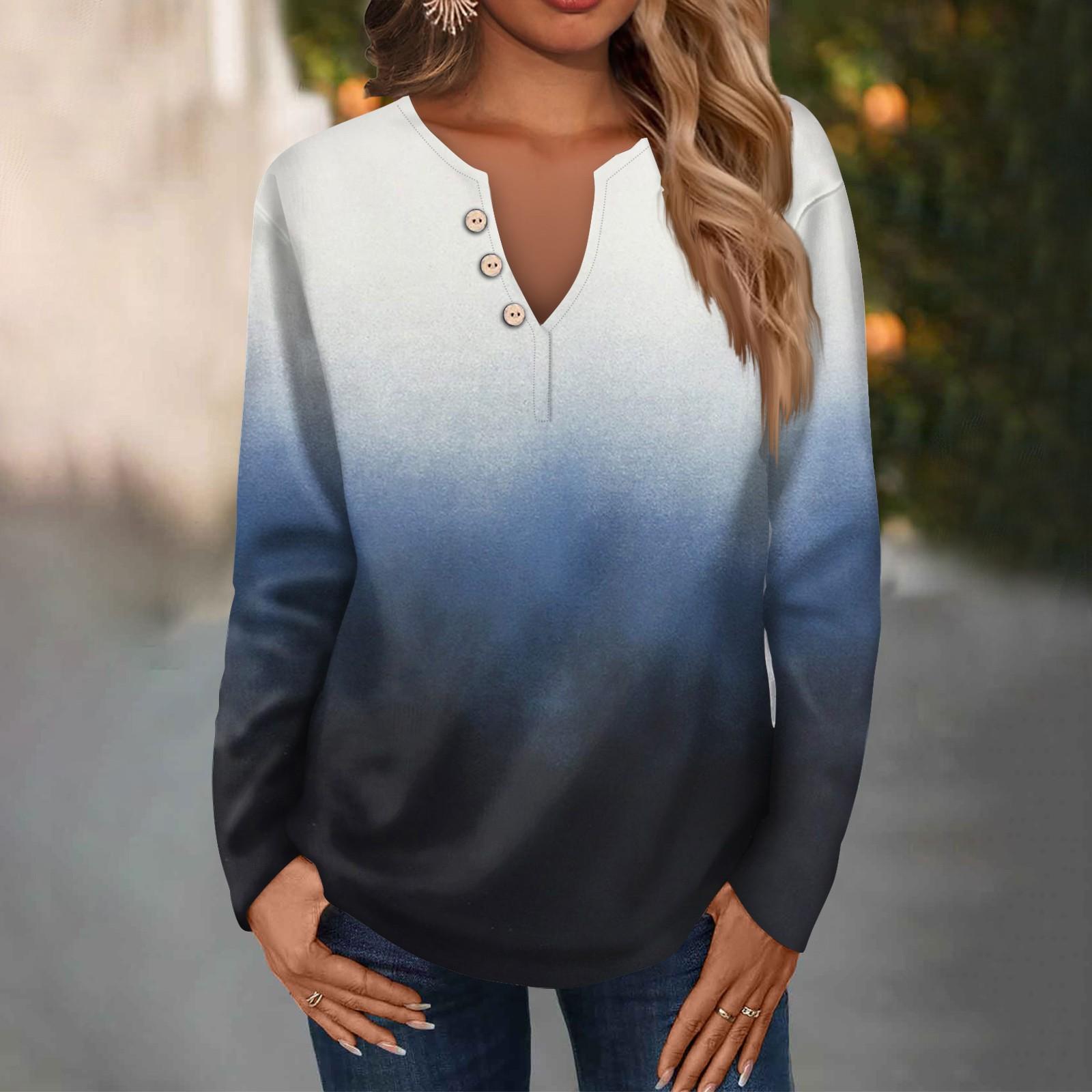 Женская модная повседневная свободная футболка с v-образным вырезом и длинным рукавом — фото 11