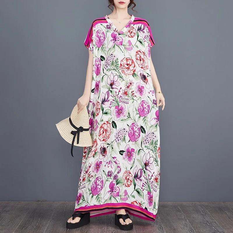 Mânecă scurtă, marime mare, satin de bumbac, vintage, floral, nou în rochii pentru femei, lejer, lejer, rochie maxi lungă de vară