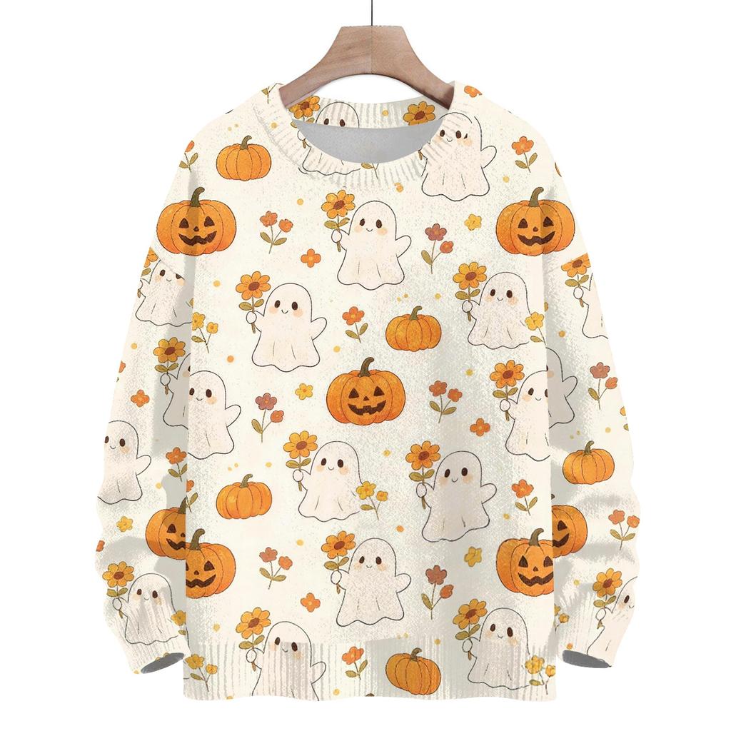 Women's Casual Long Sleeve Halloween Print Round Neck Knit Sweater Top