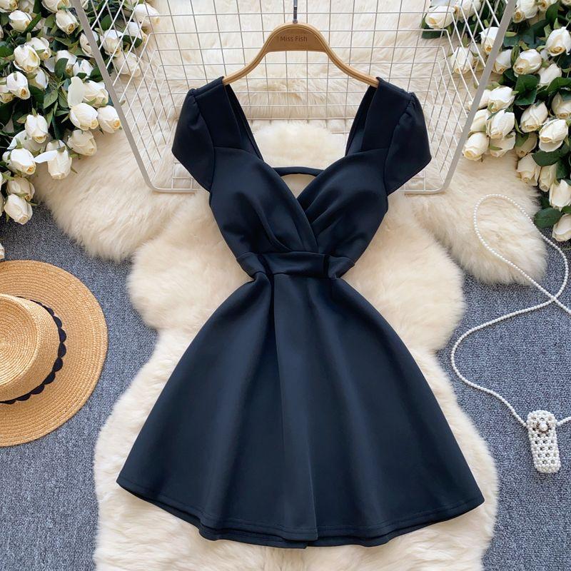 

Summer Women s New Sexy V-neck Push-up Cinched Slimming Short Sleeves Dress Ladies Elegant A- line Adult Lady like Woman Short Skirt Black M