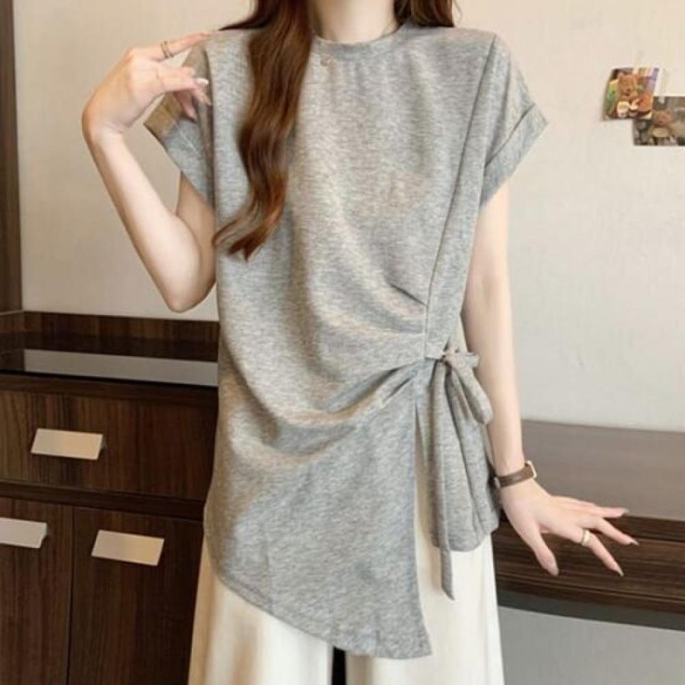 Navava Women Unbalanced WaisT Ribbon ShorT Sleeve T shirT nT2814