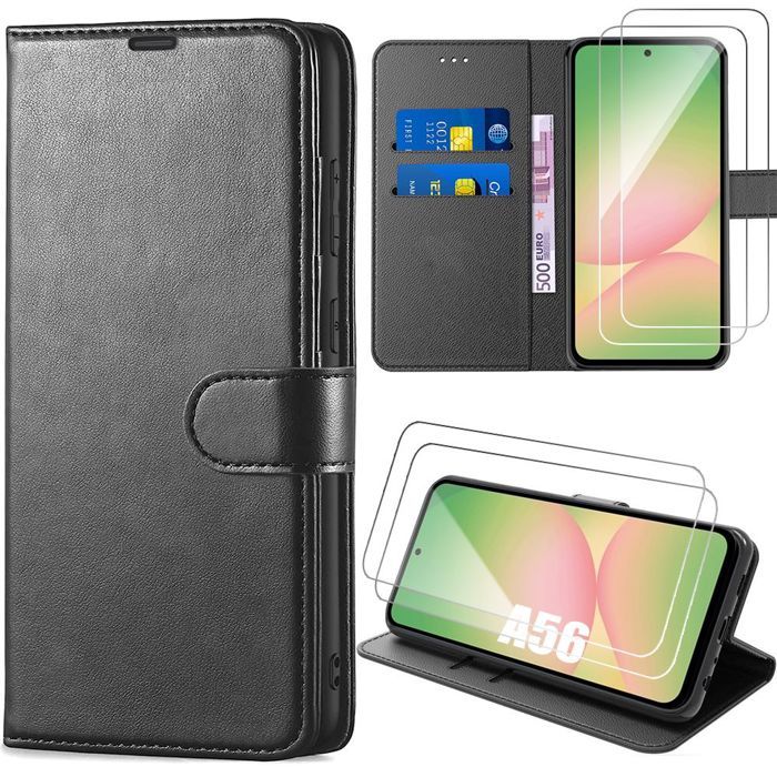 Coque de protection - BOOLING - Samsung Galaxy A56 5G - Cuir PU Noir - 2 Verres Trempés - Antichoc
