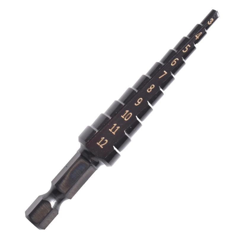 3Pcs Hexagonal Handle Nitrided Black Straight Groove Ladder Drill 3-12 4-12 4-20 High-speed Steel Pagoda Drills Hole Opener Set