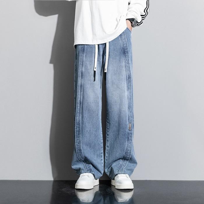 Jeans American Street Retro Elastic Waist Denim Men's Loose Straight Wide-leg Trousers