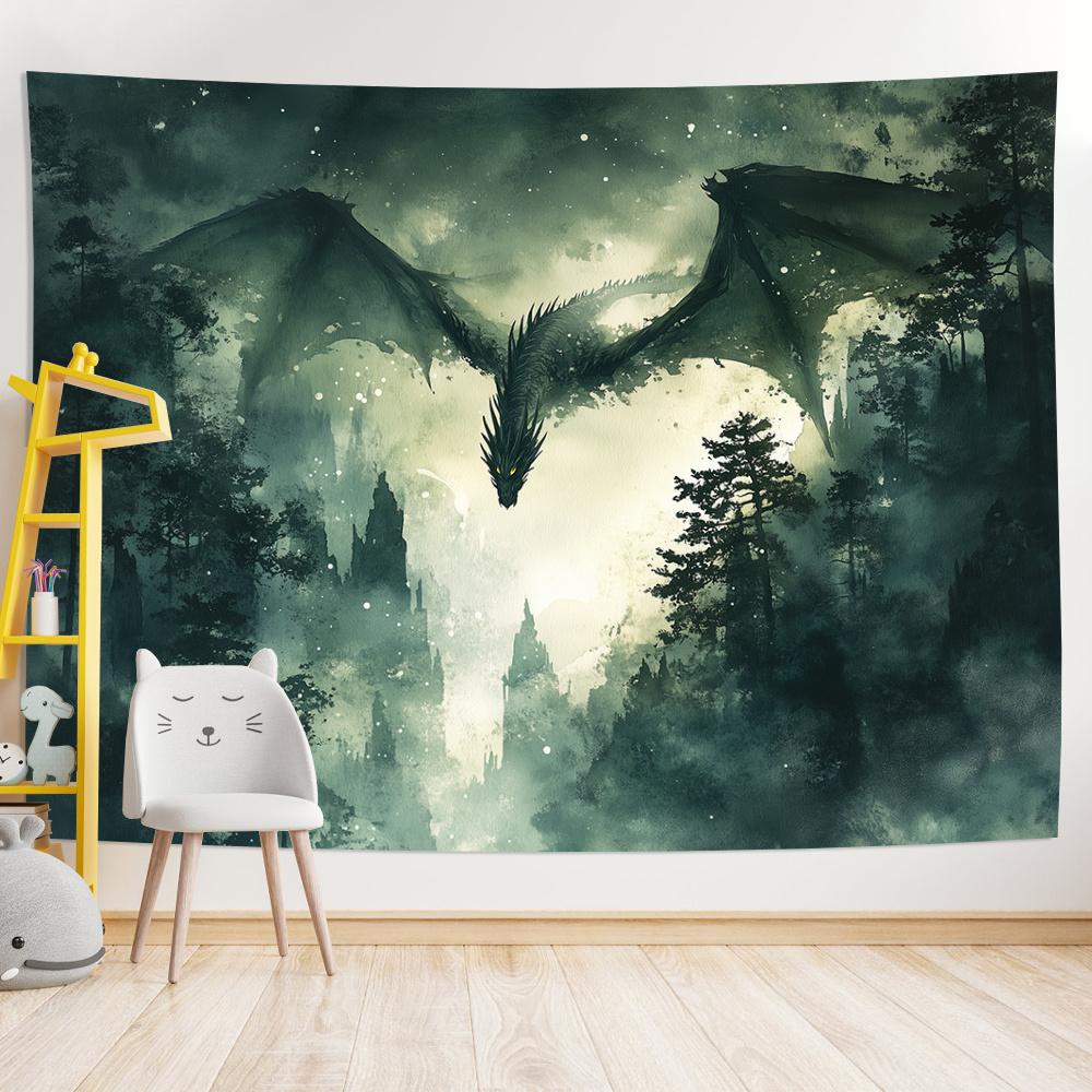 Dragon Tapestry, Majestic Dragon Flying Over Misty Forest, Fantasy Mythology Wall Art for Living Room Bedroom Decor