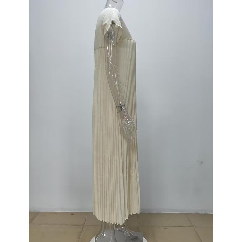 Summer Fashion Solid Plus Size Dress Women Round Neck Short Sleeve Loose Pleated Casual Dresses Women Elegant Vintage Simple Slim Ladies Dress 25546