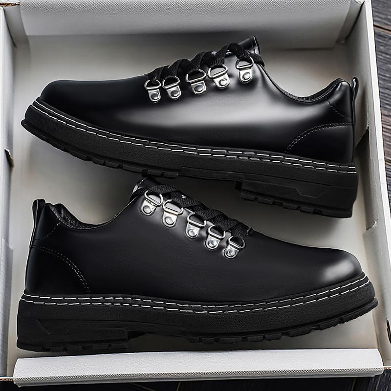 Men s Black Chunky Leather Sneakers - Thick Sole Platform Casual Shoes, Streetwear Fashion Lace-Up Shoes for Men 39