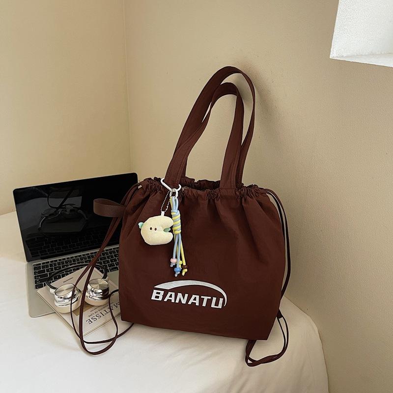 Large Capacity Bag Women's Shoulder Bag Drawstring Design Tote Bag Casual Nylon Cloth Bag Vacation Travel Portable Bag