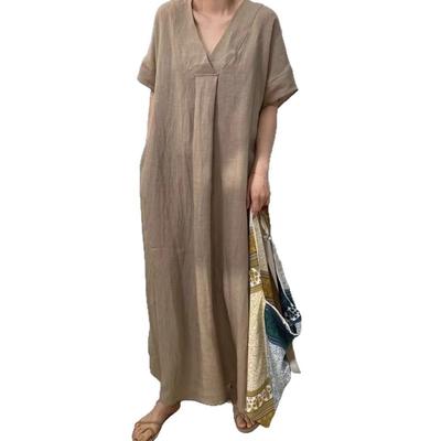 V-Neck Linen Blend Dress-Casual Short Sleeve Solid Color Retro Maxi Dress, Relaxed Fit Breathable Women's Sundress with Pocket, Boho Outfit