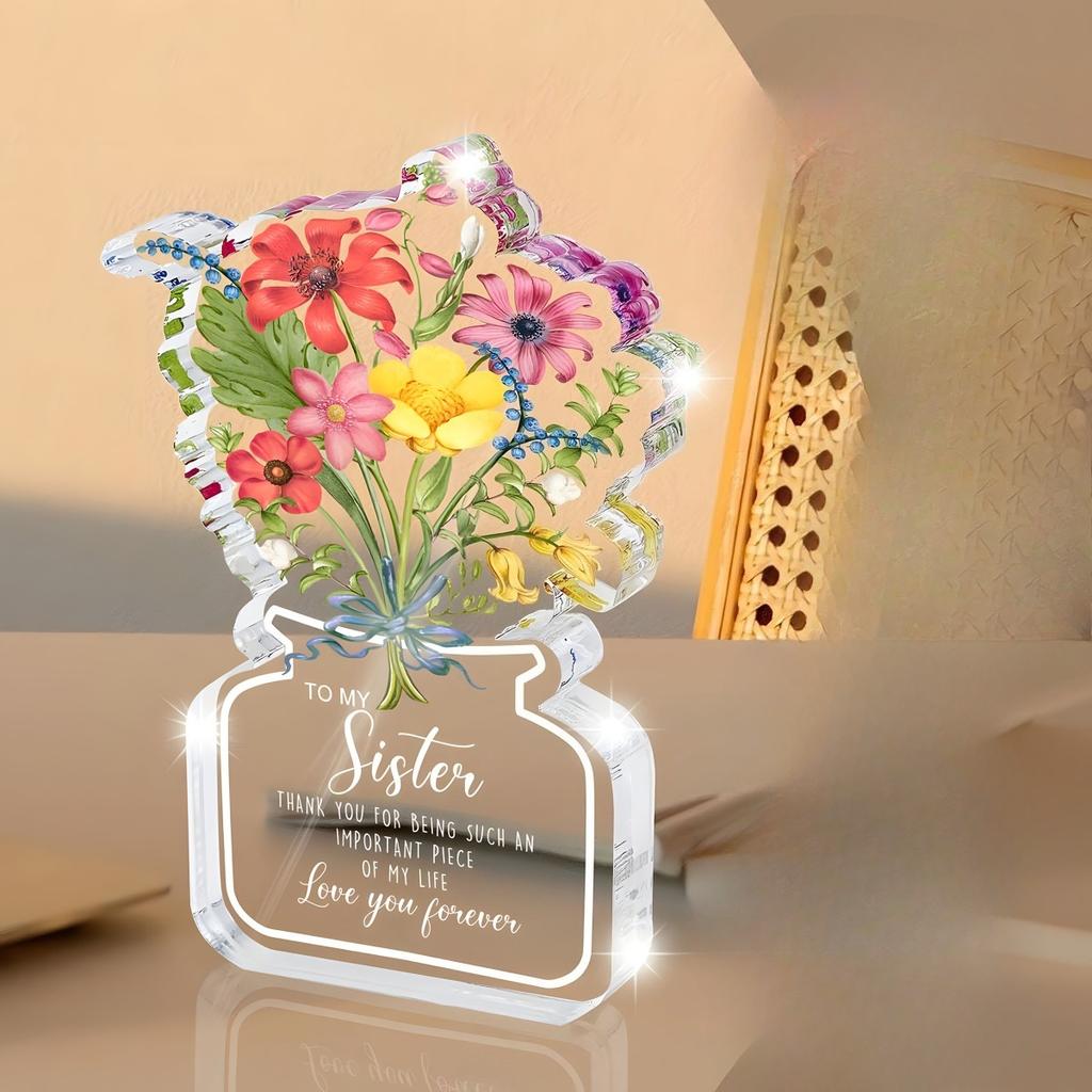 Sister's Gift Acrylic Flower Plaque, Elegant Cursive Lettering & Floral Arrangement in Pastel Colors, with Heart-Shaped Top & Clear Dome - Irregular S