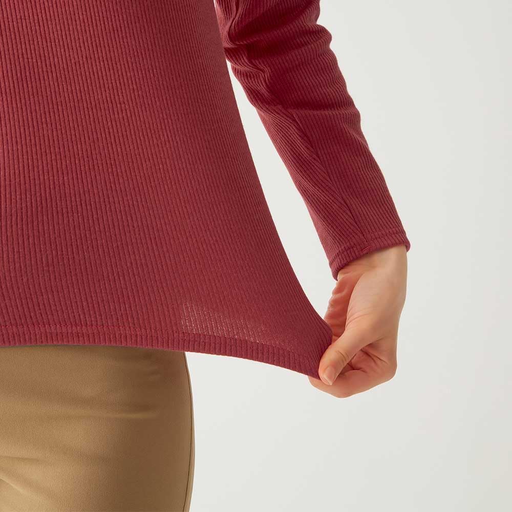 Gunze HOTMAGIC MH8445 Long Sleeve Cotton Warm Inner Rib Cherry Red Women's T-Shirt, Blend, Moisture-Wicking, Heat-Generating, Material,