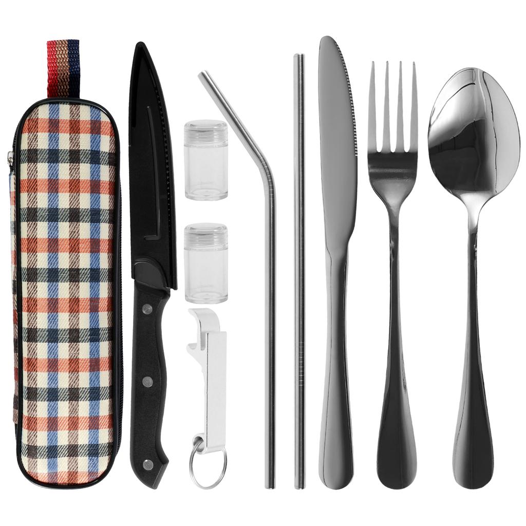 10Pc Travel Cutlery Set with Storage Bag Stainless Steel Travel Utensils Set Portable Camping Silverware Set Travel Flatware Set