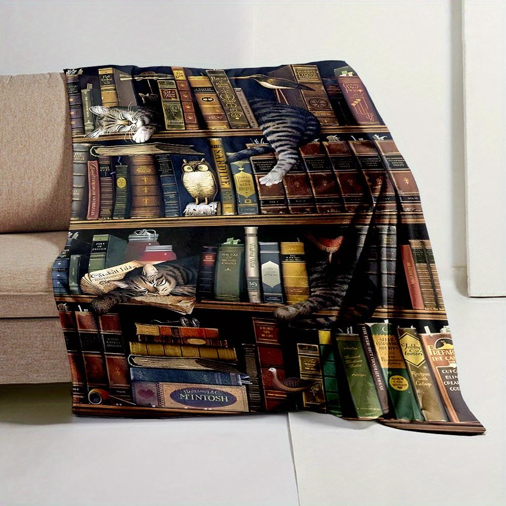 Coperta Morbida Estetica per Amanti dei Libri Gatto Gufo Biblioteca Academia Decorazione per Lettura Accogliente Coperta in Peluche per Divano Divano Regalo per Studenti
