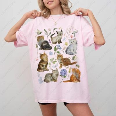Cottagecore Katzen Grafik T-Shirts Blumig Vintage Ästhetik Gemalte Kätzchen und Trockenblumen Ästhetik T-Shirts Katzenliebhaber T-Shirt