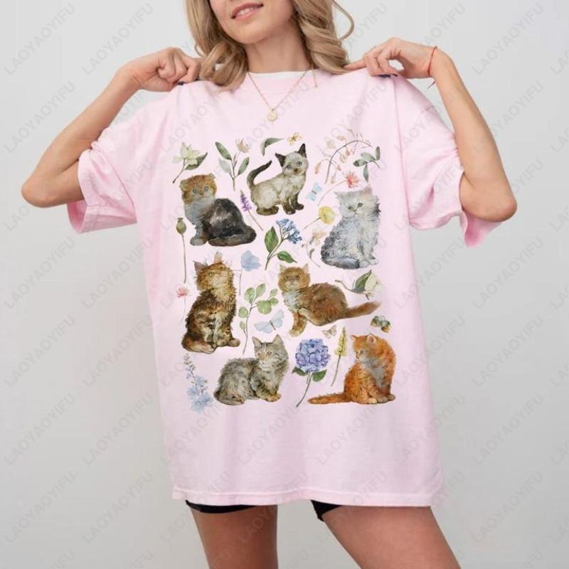 Cottagecore Cats Graphic TShirts Floral Vintage Aesthetic Painted Kittens and Pressed Flower Aesthetic Tees Cat Lovers Tshirt S