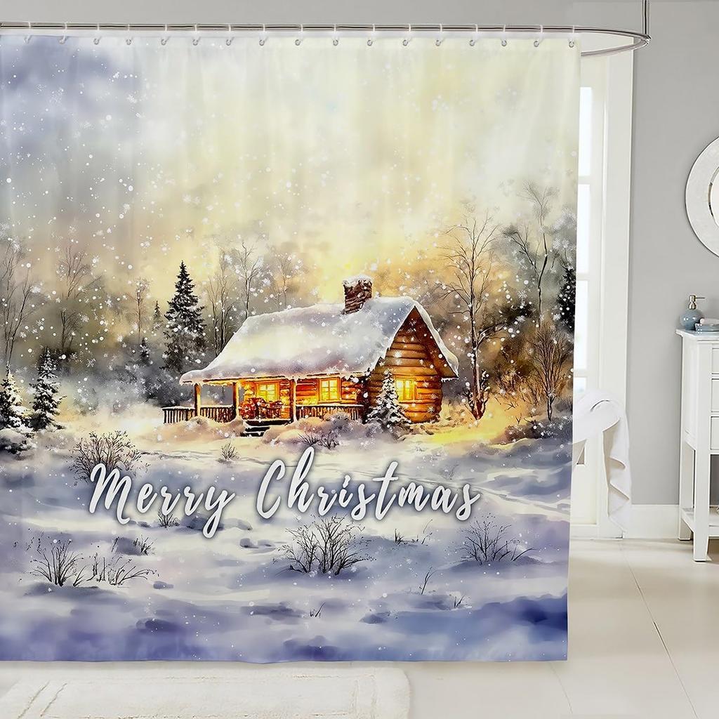 Cute Christmas Bear Shower Curtain Winter Snowflake Xmas Tree Decor Bathroom Curtains for Kids Boys Girls Teens Cartoon Animal