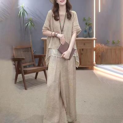 2 Pcs/Set Women Top Pants Set Round Neck Half Sleeves Irregular Hem Blouse Wide Leg Elastic Waist Wide Leg Trousers Daily Leisure Dating Outfit