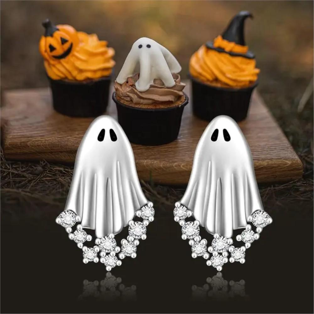 2Pcs Halloween Ghost Zircon Stud Earrings for Women Cute Resin Design Earring Festival Party Jewelry Gifts