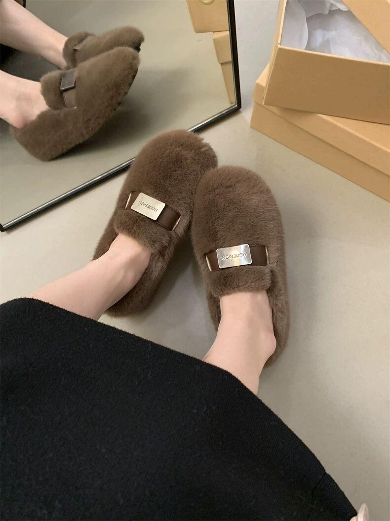 

Zhongjia плюшевые одинарные туфли женские 2025 осень и зима новая модная плоская мягкая теплая хлопковая обувь Doudou 40 коричневый